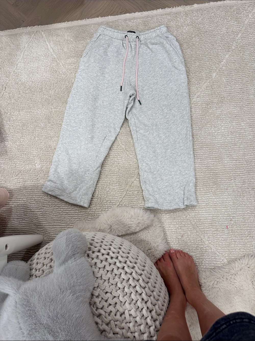 Kids Gray Knit Jogger Pants with Pink Drawstring
